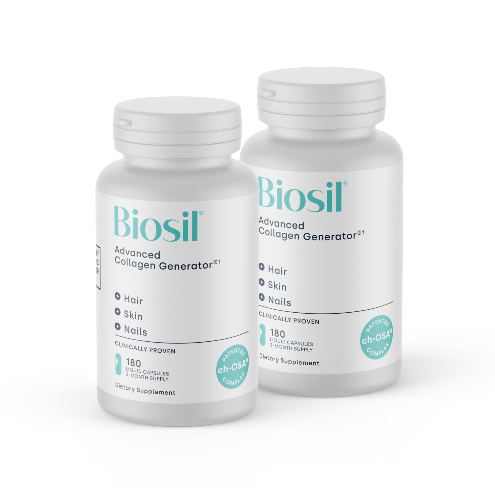 Biosil Collagen Booster 2-pack bottle with 180 liquid capsules on white background