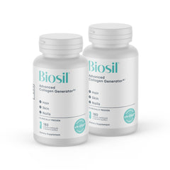 Biosil Collagen Booster 2-pack bottle with 180 liquid capsules on white background
