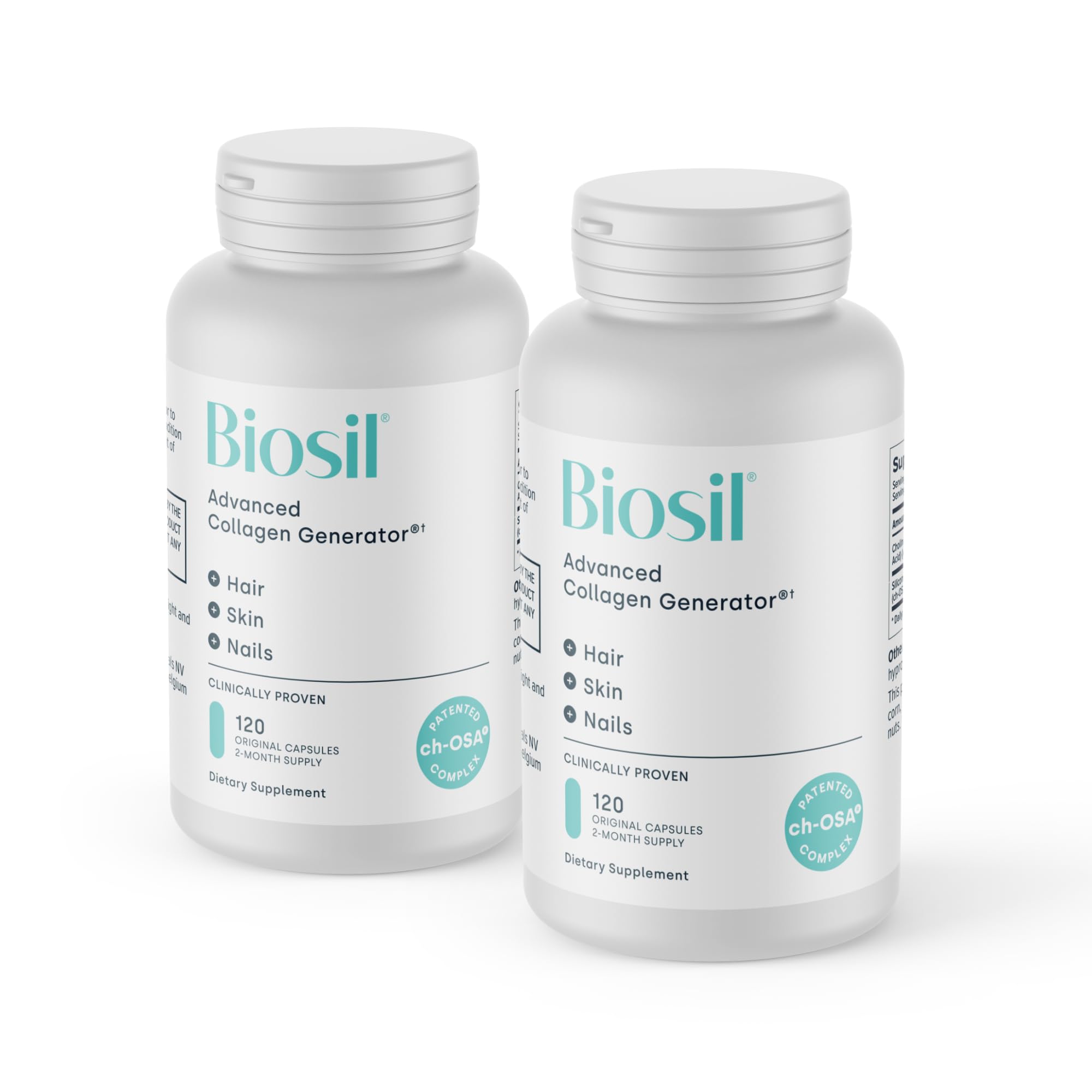 Biosil Collagen Booster bottle top view shows sleek packaging for daily beauty support