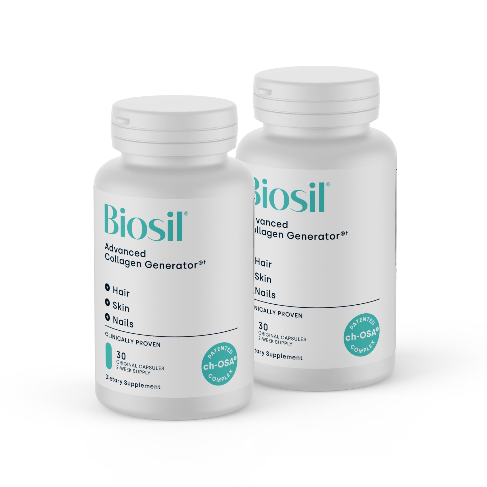 Biosil Collagen Generator bottle close-up highlighting patent ch-OSA activation for skin support