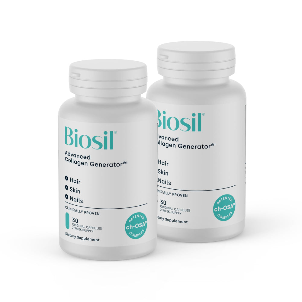 Biosil Collagen Generator bottle close-up highlighting patent ch-OSA activation for skin support
