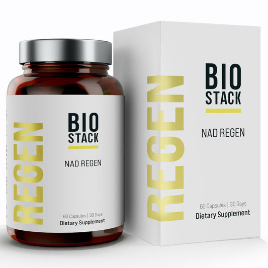 BIOSTACK NAD Regen bottle label showing NAD3, Yüth Spermidine, resveratrol and niacinamide