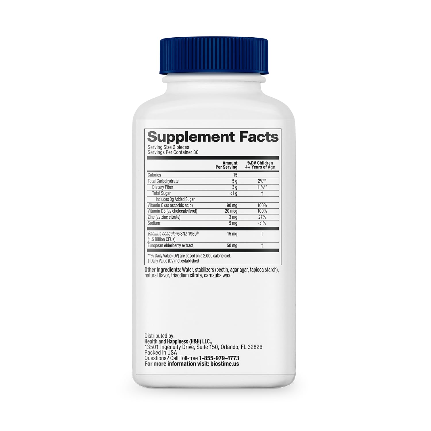 Ingredients listing includes vitamins C and D3, zinc and elderberry