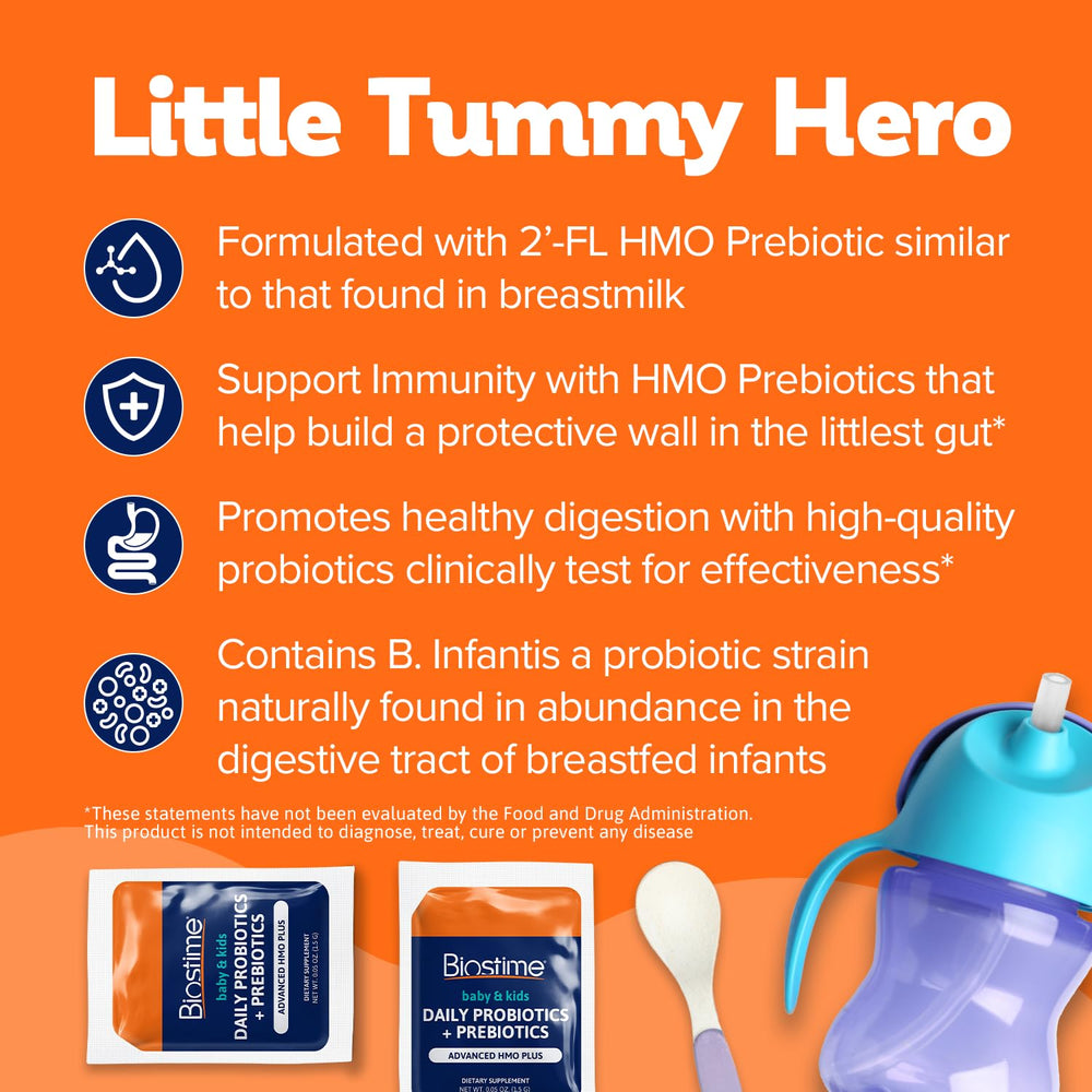 Product label showing key benefits for kids and infants