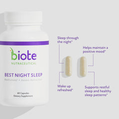 Biote Best Nights Sleep bottle label details highlight ingredients and allergen info.