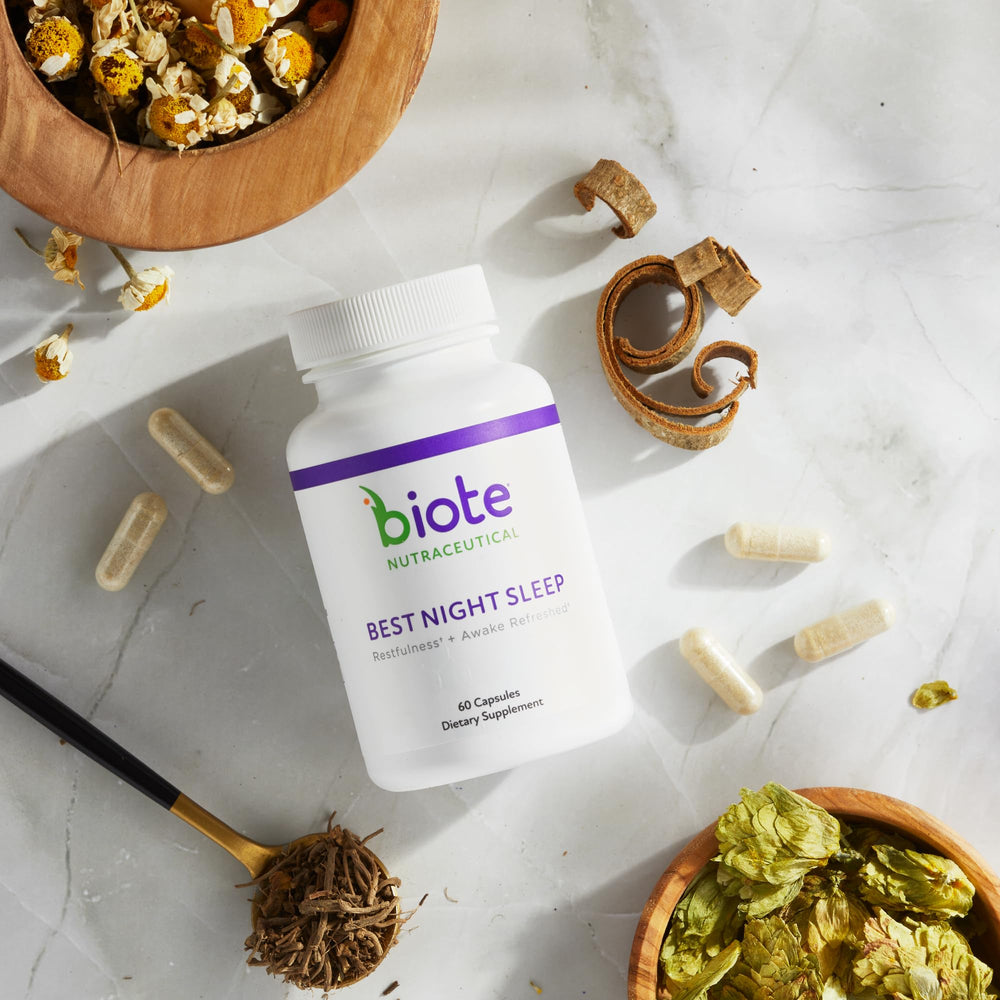 Biote Best Nights Sleep capsules closeup for a smooth bedtime routine.
