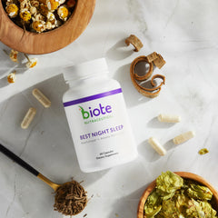 Biote Best Nights Sleep capsules closeup for a smooth bedtime routine.