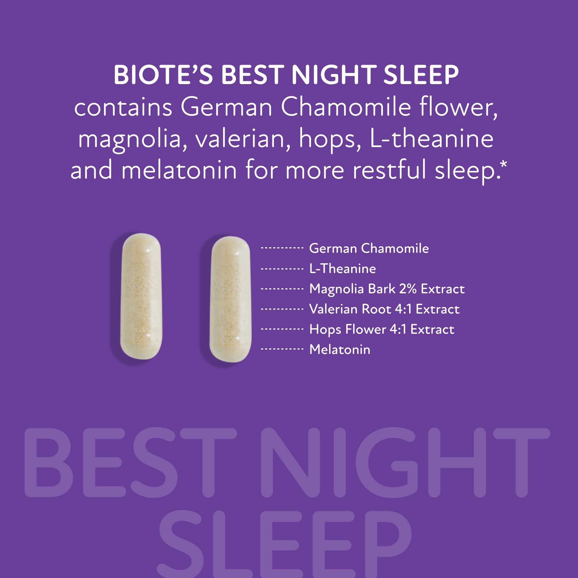 Biote Best Nights Sleep capsules packaging scene suggests convenient nightly use.