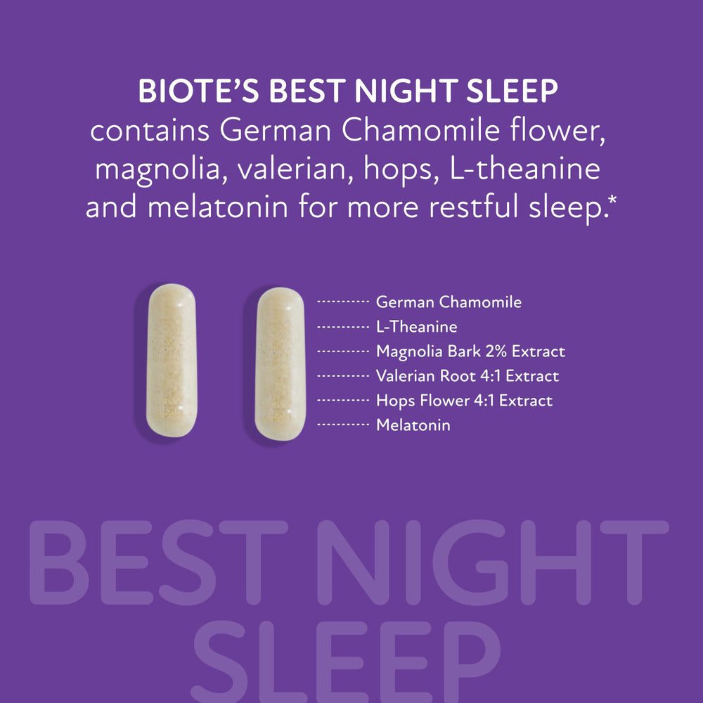 Biote Best Nights Sleep capsules packaging scene suggests convenient nightly use.