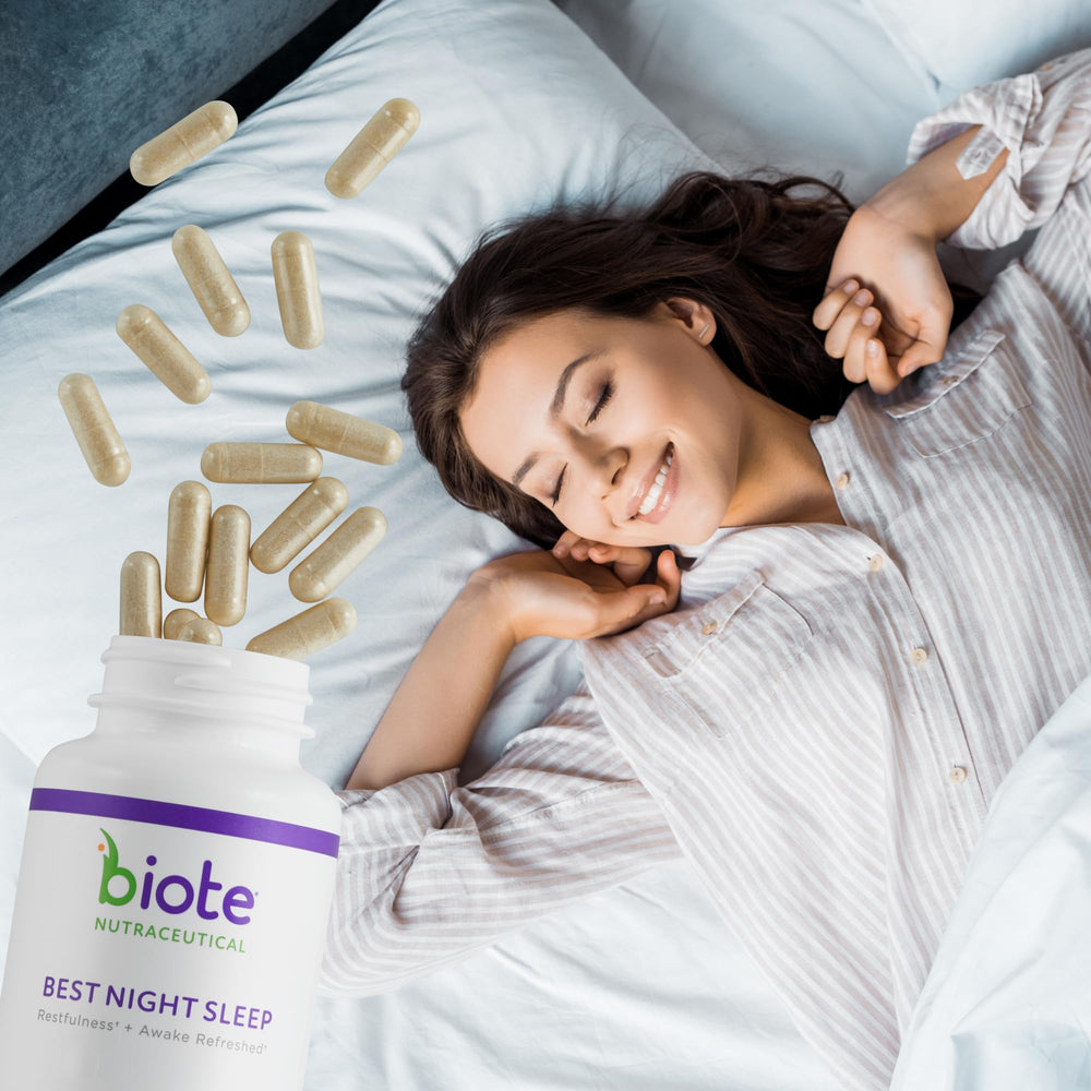 Biote Best Nights Sleep bottle and glass suggest waking refreshed after peaceful night.