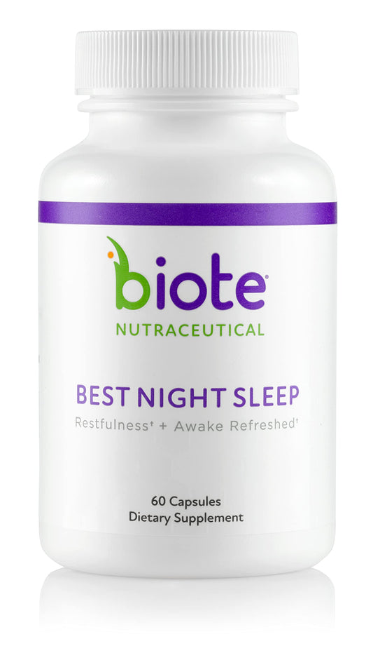 Biote Nutraceuticals Best Night's Sleep bottle on a nightstand