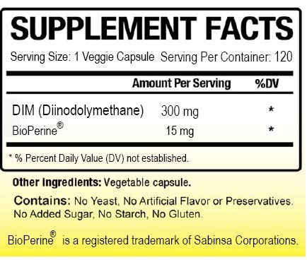 Close-up of Biotech Nutrition DIM label showing 300 mg DIM per capsule