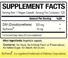 Close-up of Biotech Nutrition DIM label showing 300 mg DIM per capsule