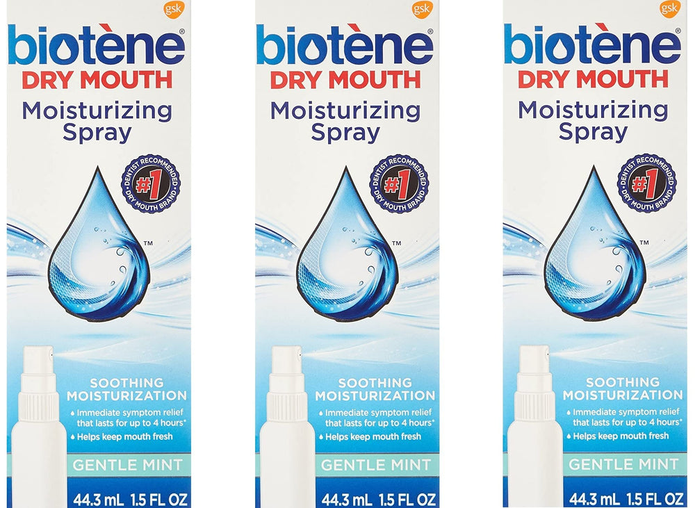 Biotene Gentle Mint Mouth Spray front view with pack of 3