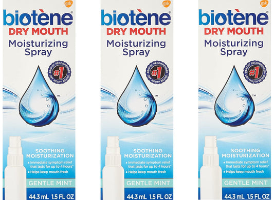 Biotene Gentle Mint Mouth Spray front view with pack of 3