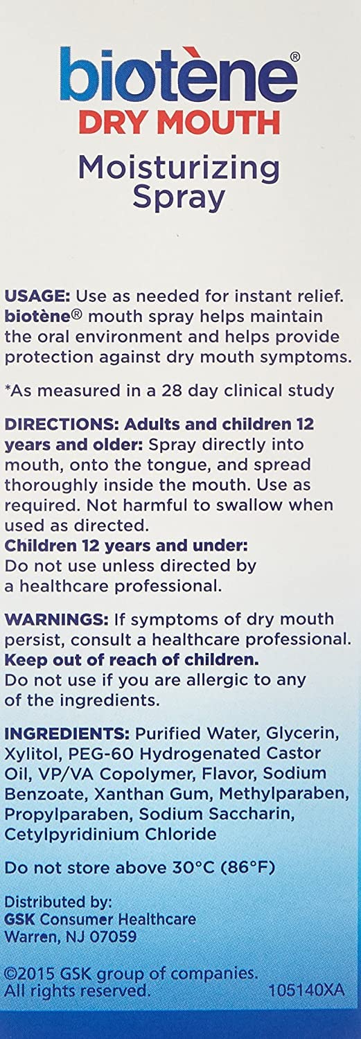 Hands using Biotene Gentle Mint Mouth Spray to spray into the mouth