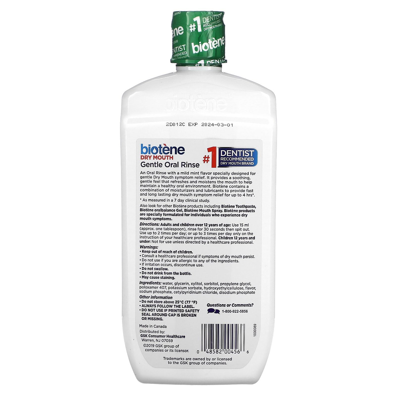 Close-up of Biotene Mild Mint mouthwash bottle label, 16 oz
