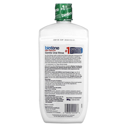 Close-up of Biotene Mild Mint mouthwash bottle label, 16 oz