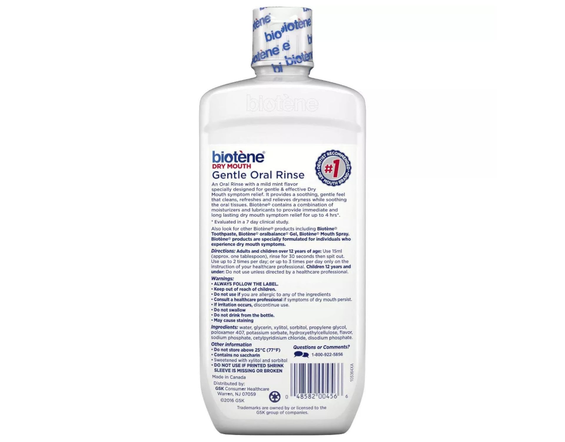 Close-up of Biotene Moisturizing Oral Rinse Mild Mint 16 oz bottle with packaging variations