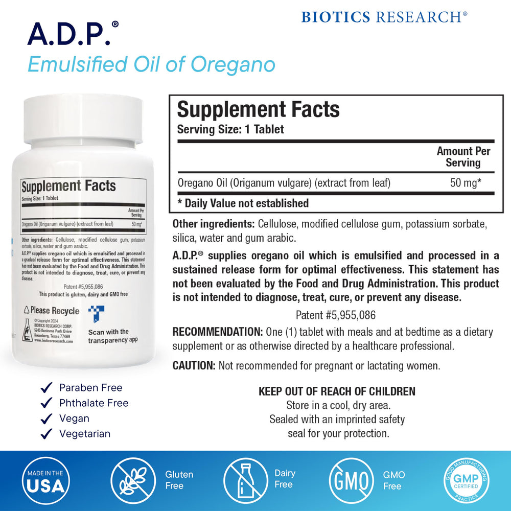 BIOTICS RESEARCH A.D.P. oregano tablets close-up highlights emulsified oil for gentle digestion.