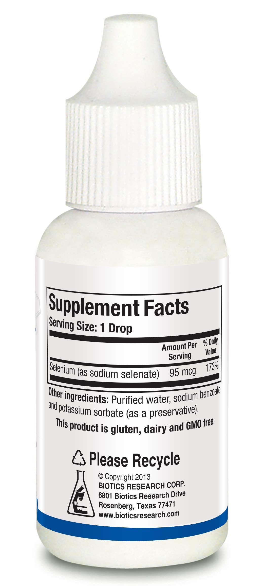 Close-up of product label for Biotics Aqueous Selenium Liquid 95 mcg