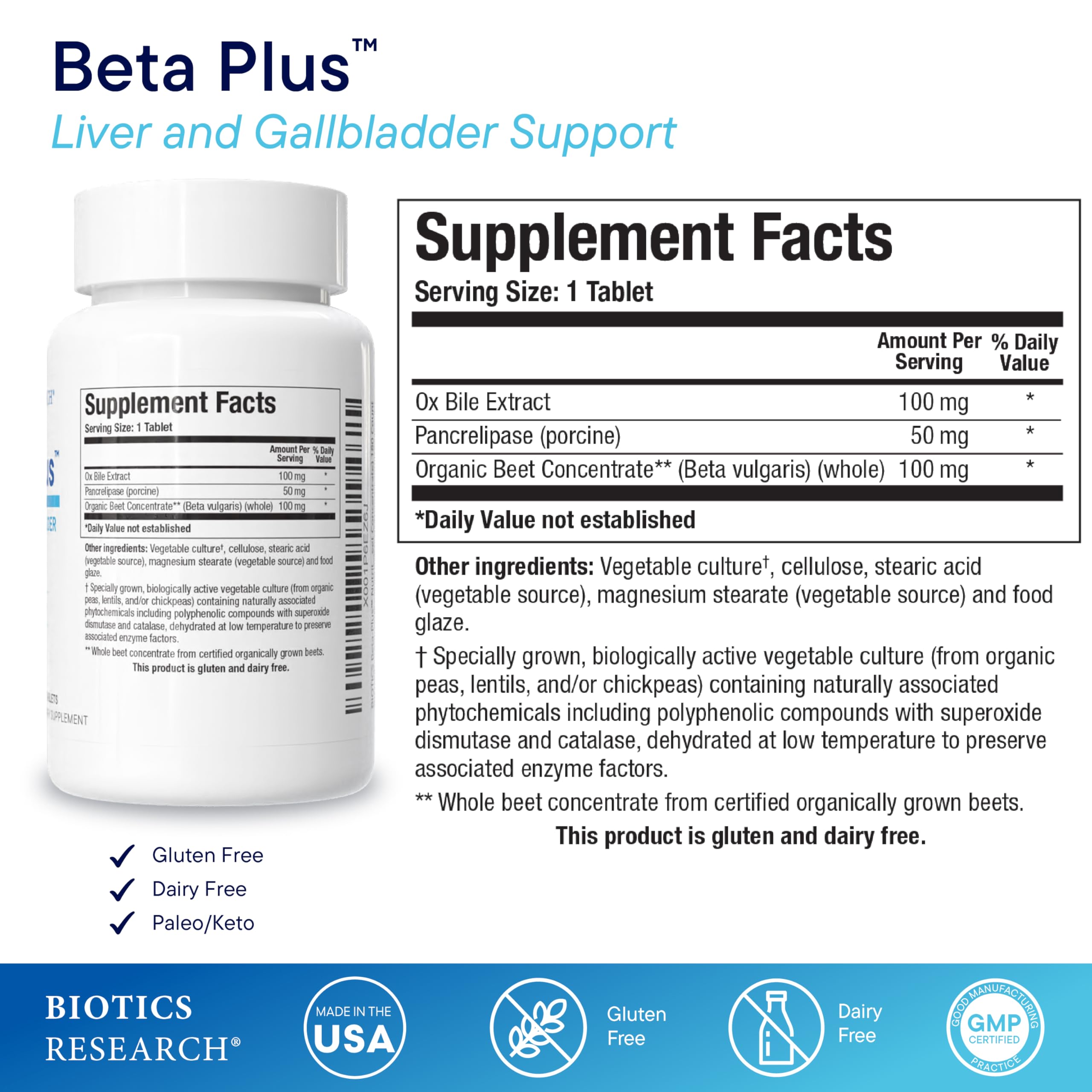 Biotics Research Beta-Plus bottle back with ingredient details and directions