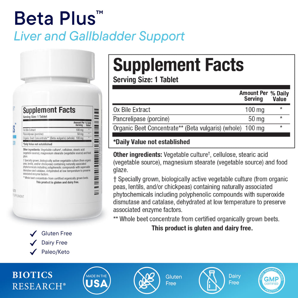 Biotics Research Beta-Plus bottle back with ingredient details and directions