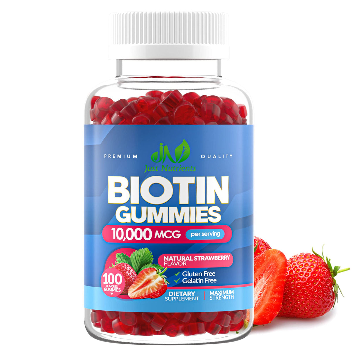 Front view of Biotin 10,000mcg Gummies strawberry flavor bottle with 100 count