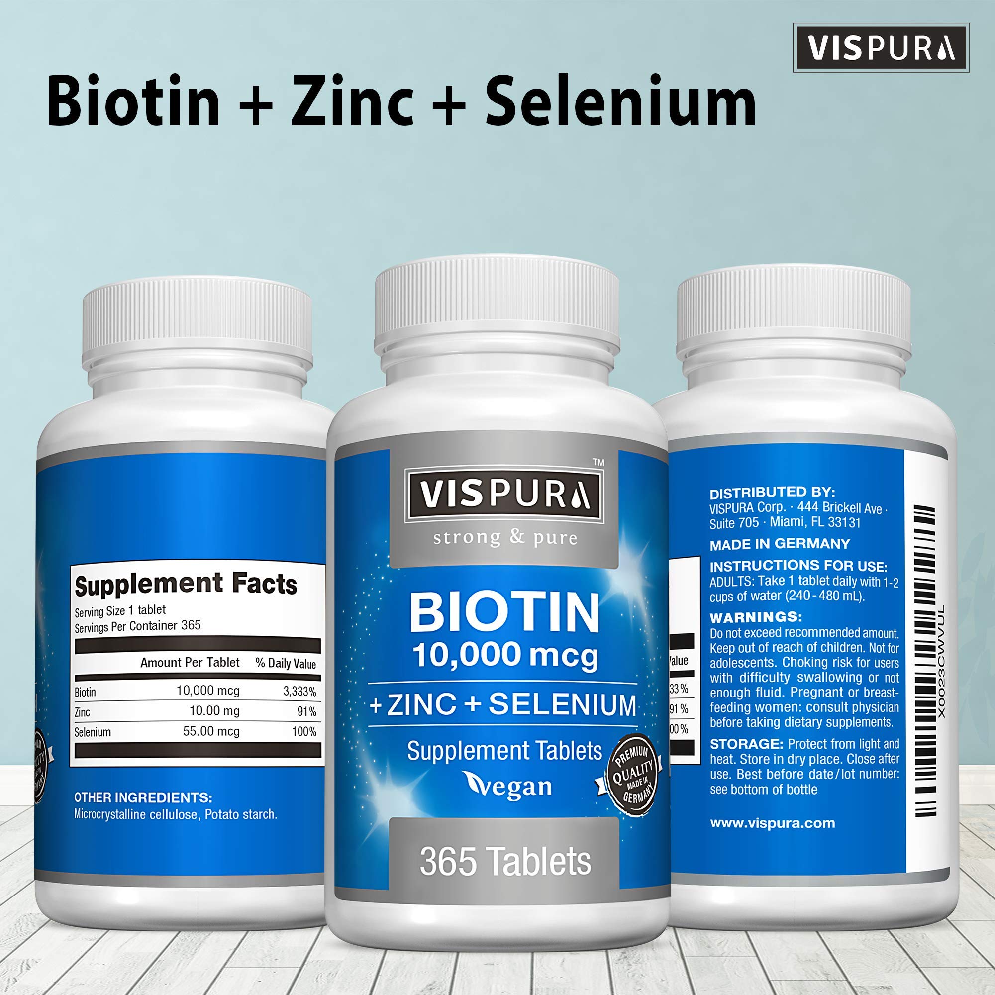 Product bottle for Biotin 10000 mcg + Zinc + Selenium vegan supplement