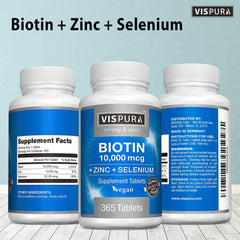 Product bottle for Biotin 10000 mcg + Zinc + Selenium vegan supplement