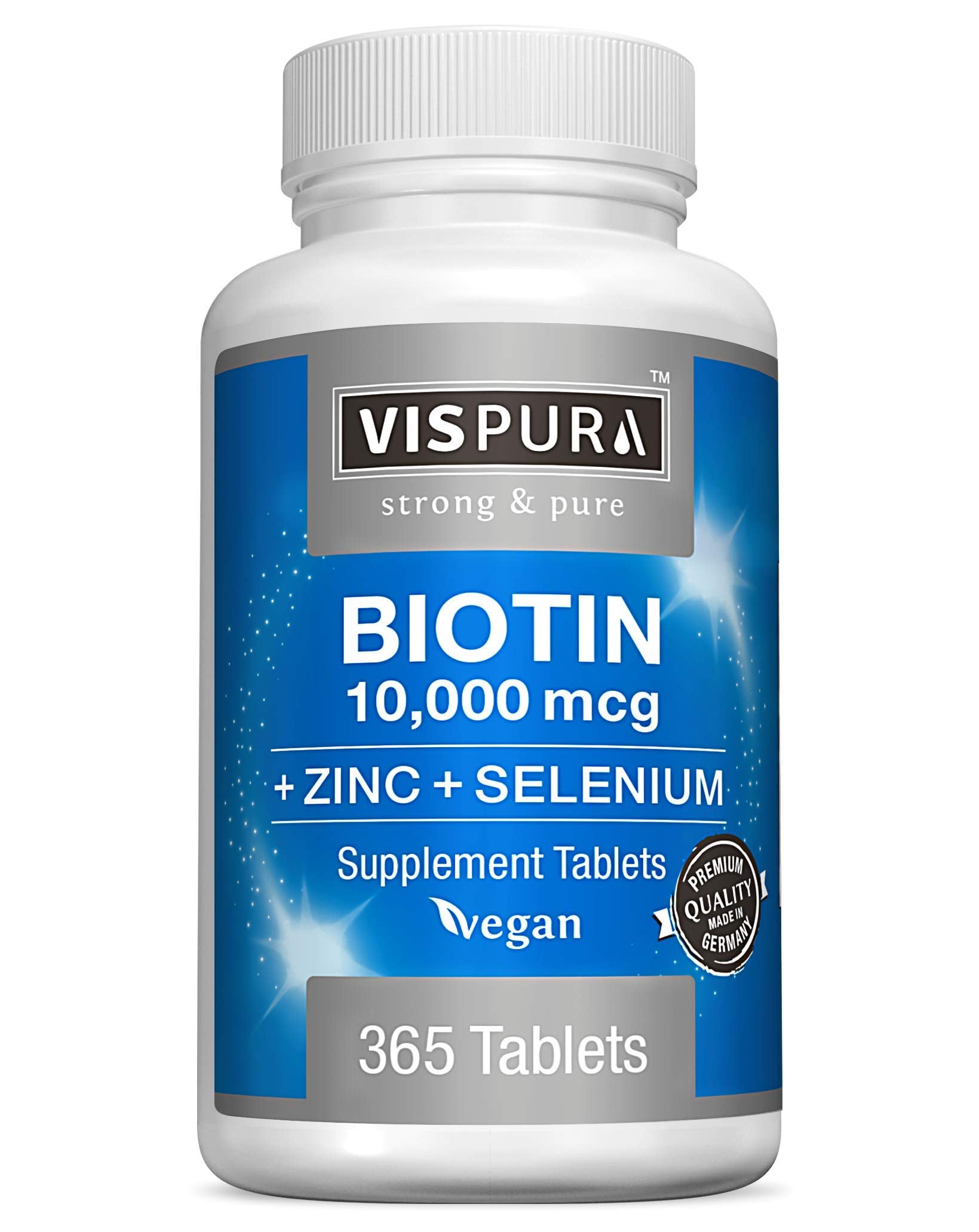 Front view of Biotin 10000 mcg + Zinc + Selenium vegan supplement bottle