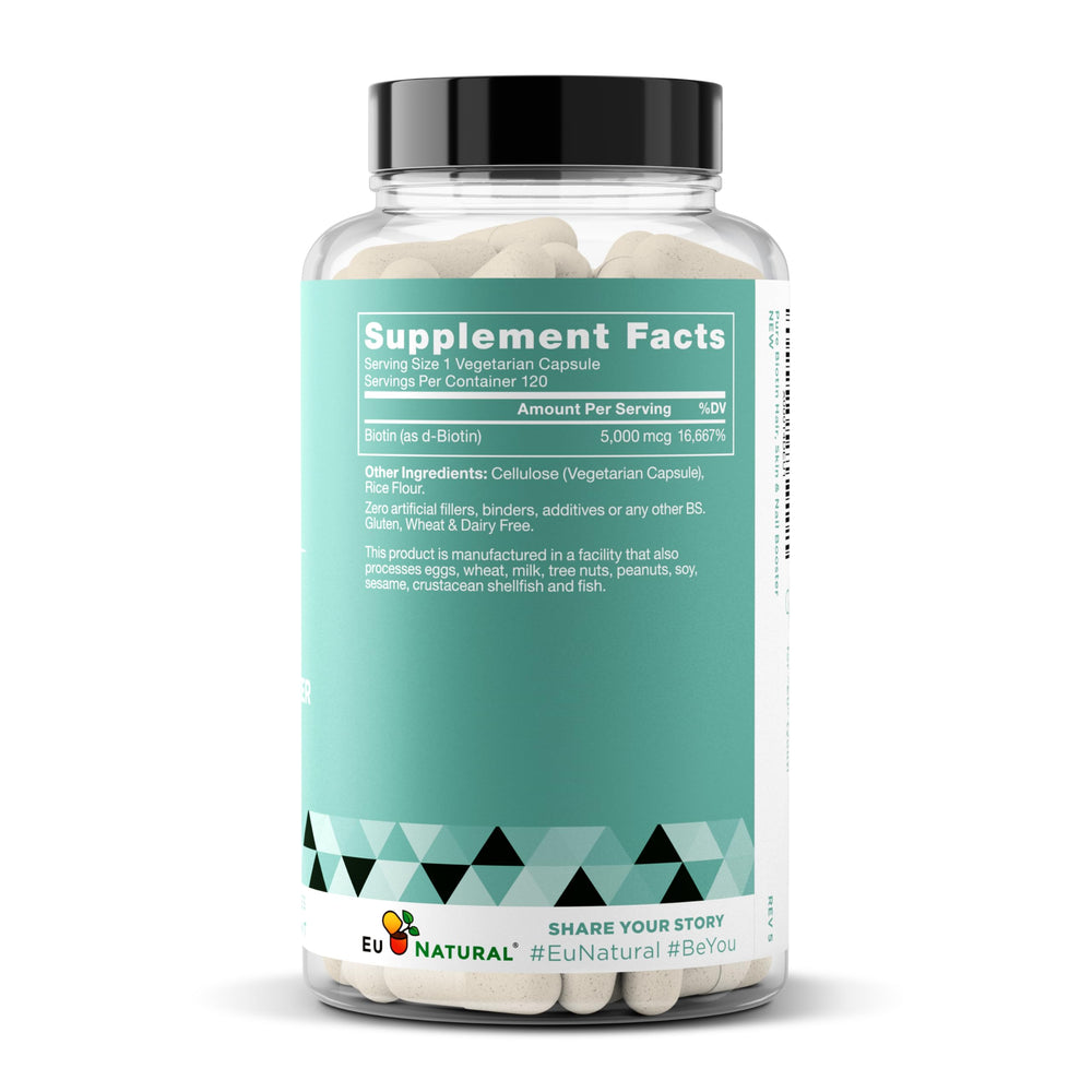 Cruelty-free packaging for Biotin 5000 mcg supplement