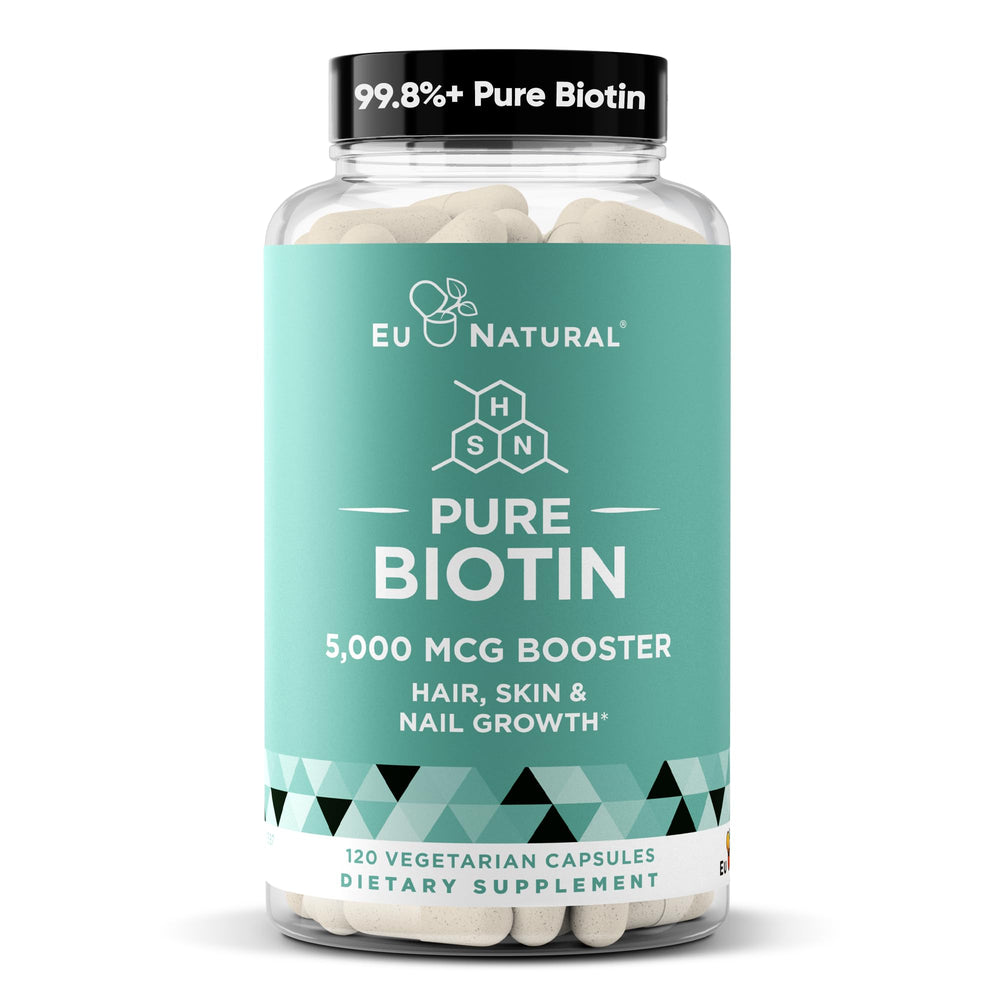 Biotin 5000 mcg hair skin nails supplement bottle on white background