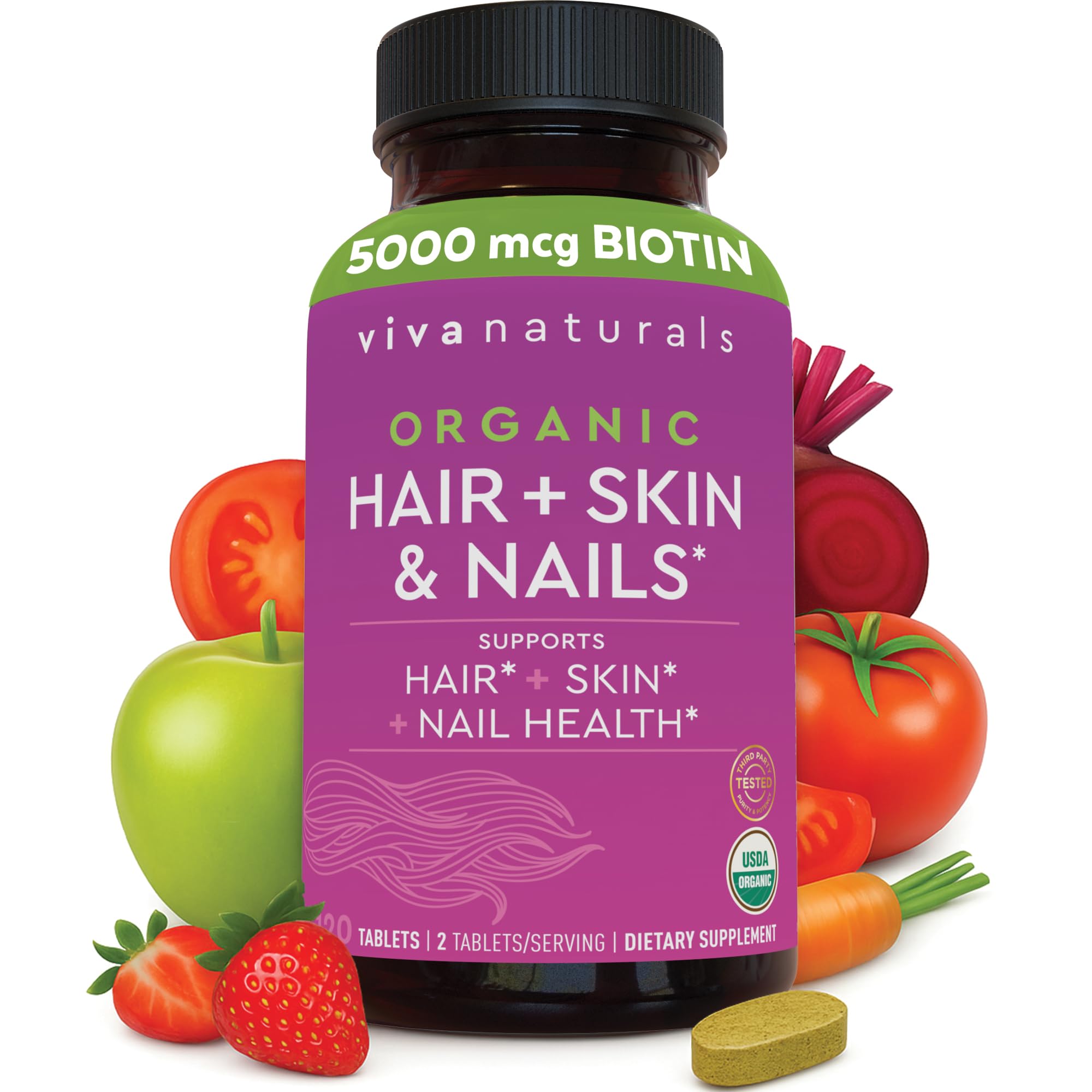 Biotin 5000 mcg hair skin nails vitamins bottle and label