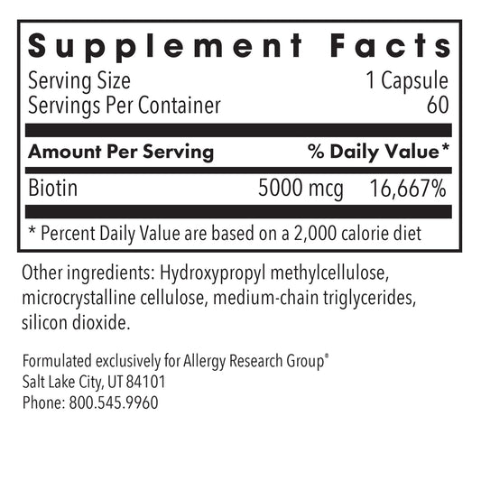 Close-up of Allergy Research Group Biotin 5000 bottle