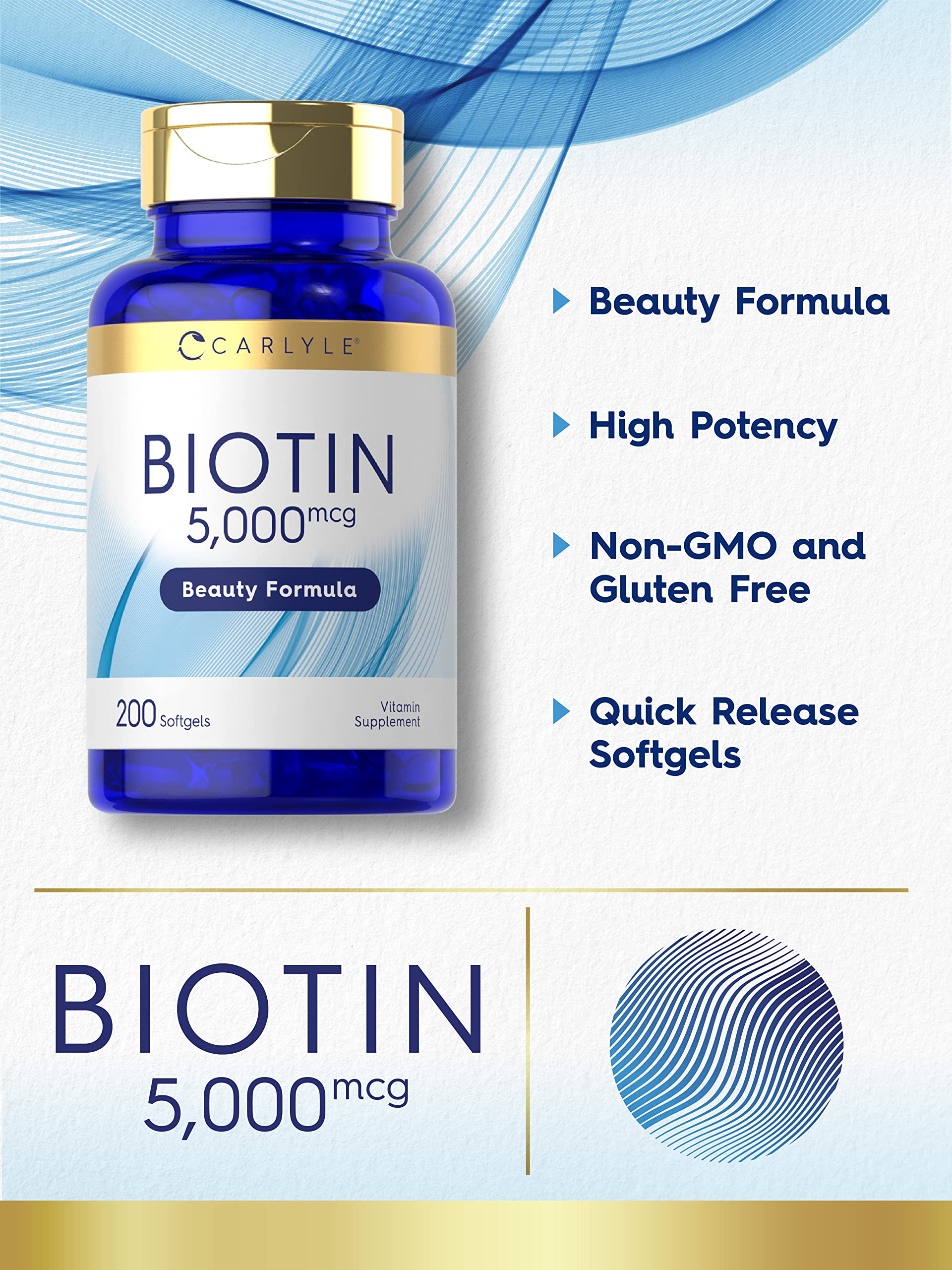 Biotin 5000mcg softgels close-up in bottle