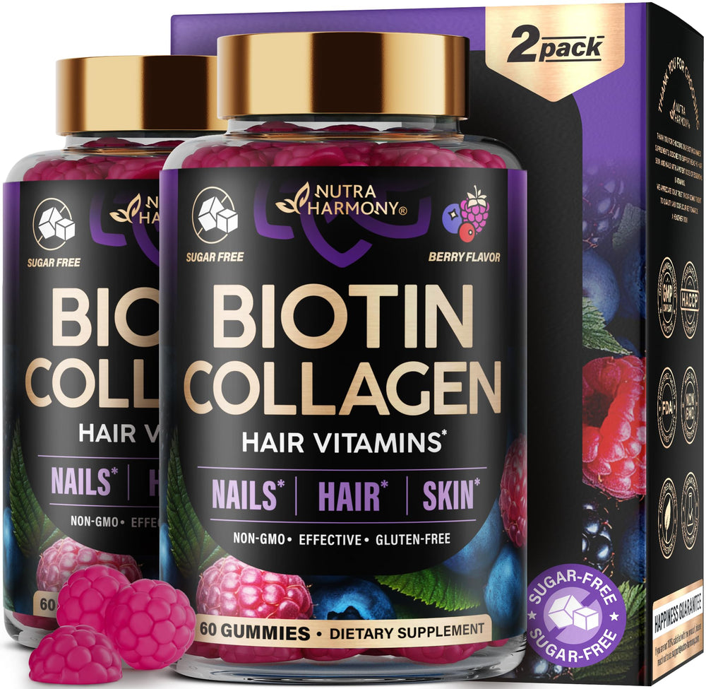 Biotin 10,000 mcg and collagen gummies in mixed berry flavor, front view