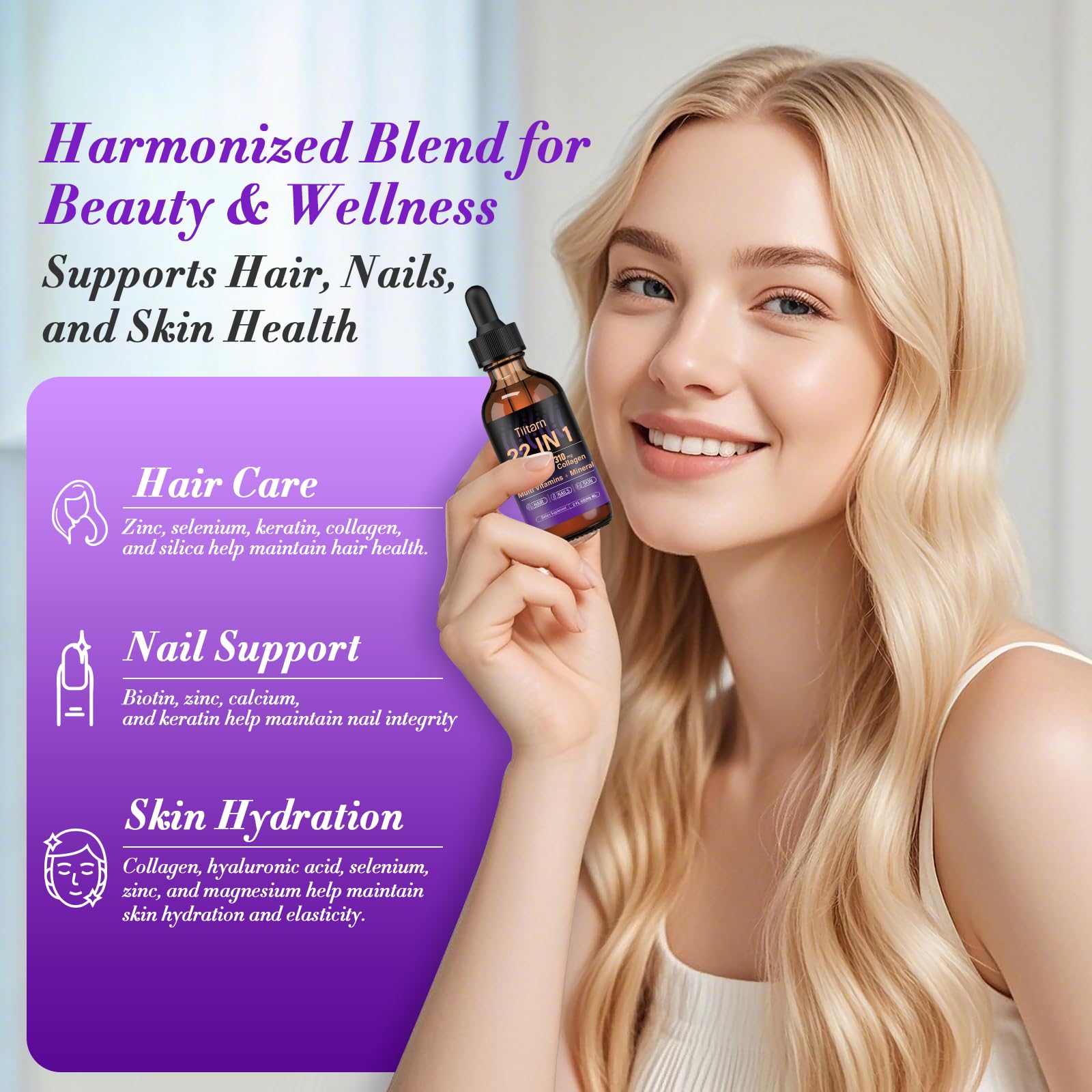Close-up label showing Biotin, Collagen and Hyaluronic Acid (60ml)