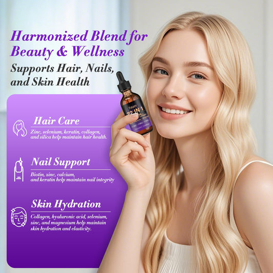 Close-up label showing Biotin, Collagen and Hyaluronic Acid (60ml)