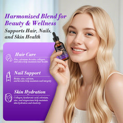 Close-up label showing Biotin, Collagen and Hyaluronic Acid (60ml)