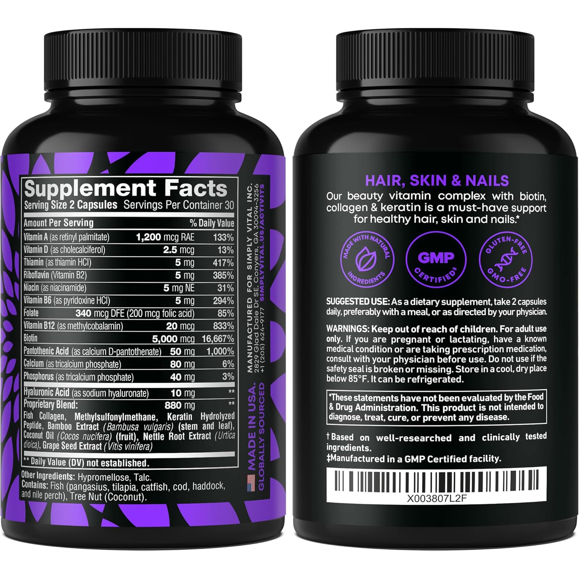 Graphic showing biotin, collagen, keratin and B vitamins ingredients