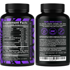 Graphic showing biotin, collagen, keratin and B vitamins ingredients