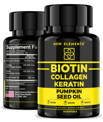Biotin 10000mcg supplement bottle with collagen, keratin and pumpkin seed oil