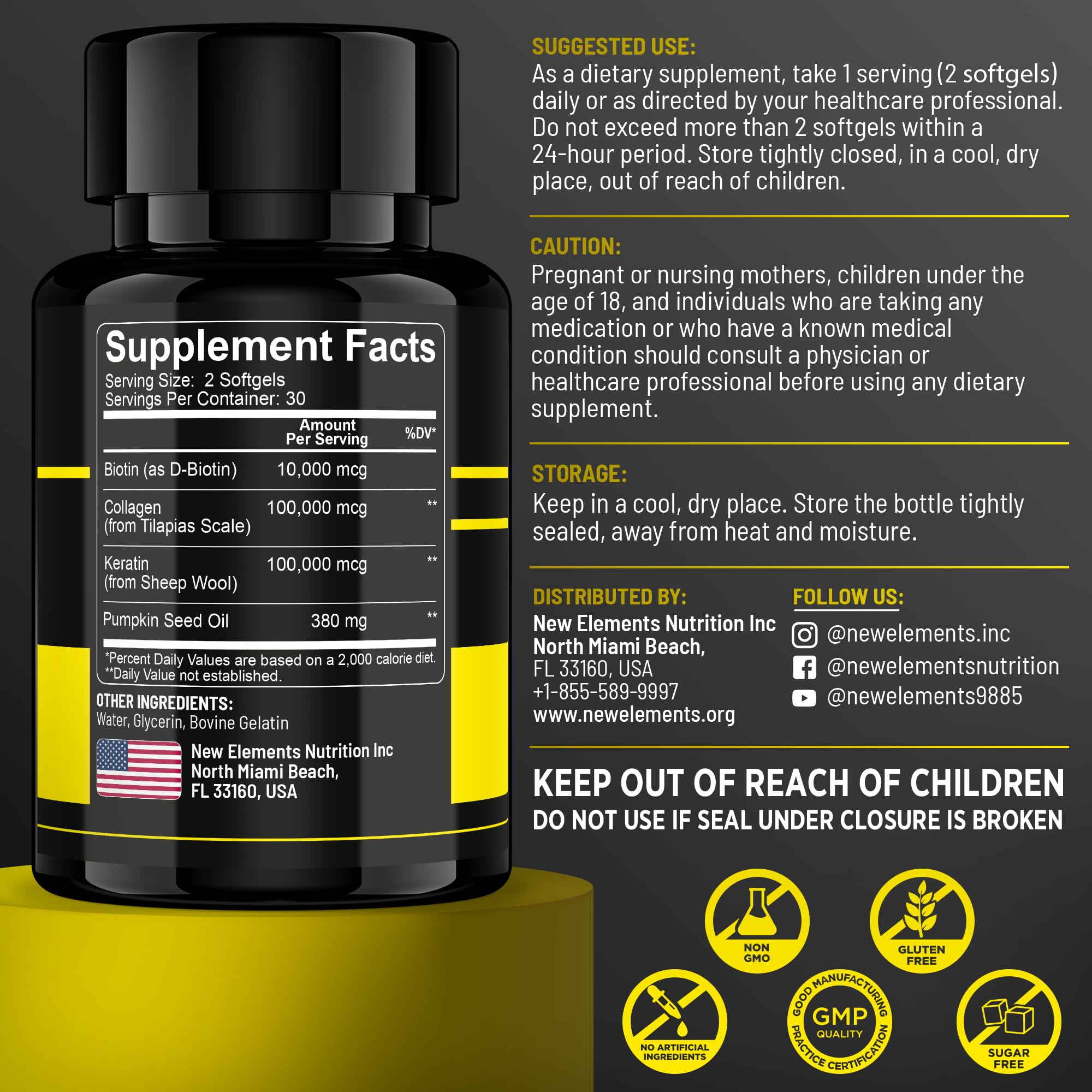 Illustration of ingredients: biotin, collagen, keratin and pumpkin seed oil
