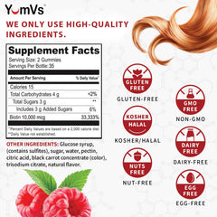 Close-up of raspberry-flavored biotin gummies for hair, skin, nails