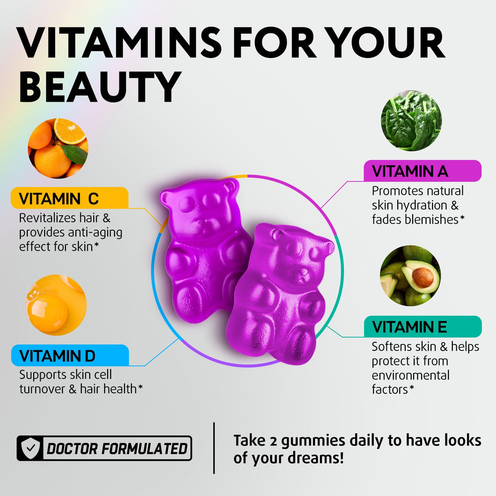 Hair, Skin and Nails gummies label with biotin and collagen