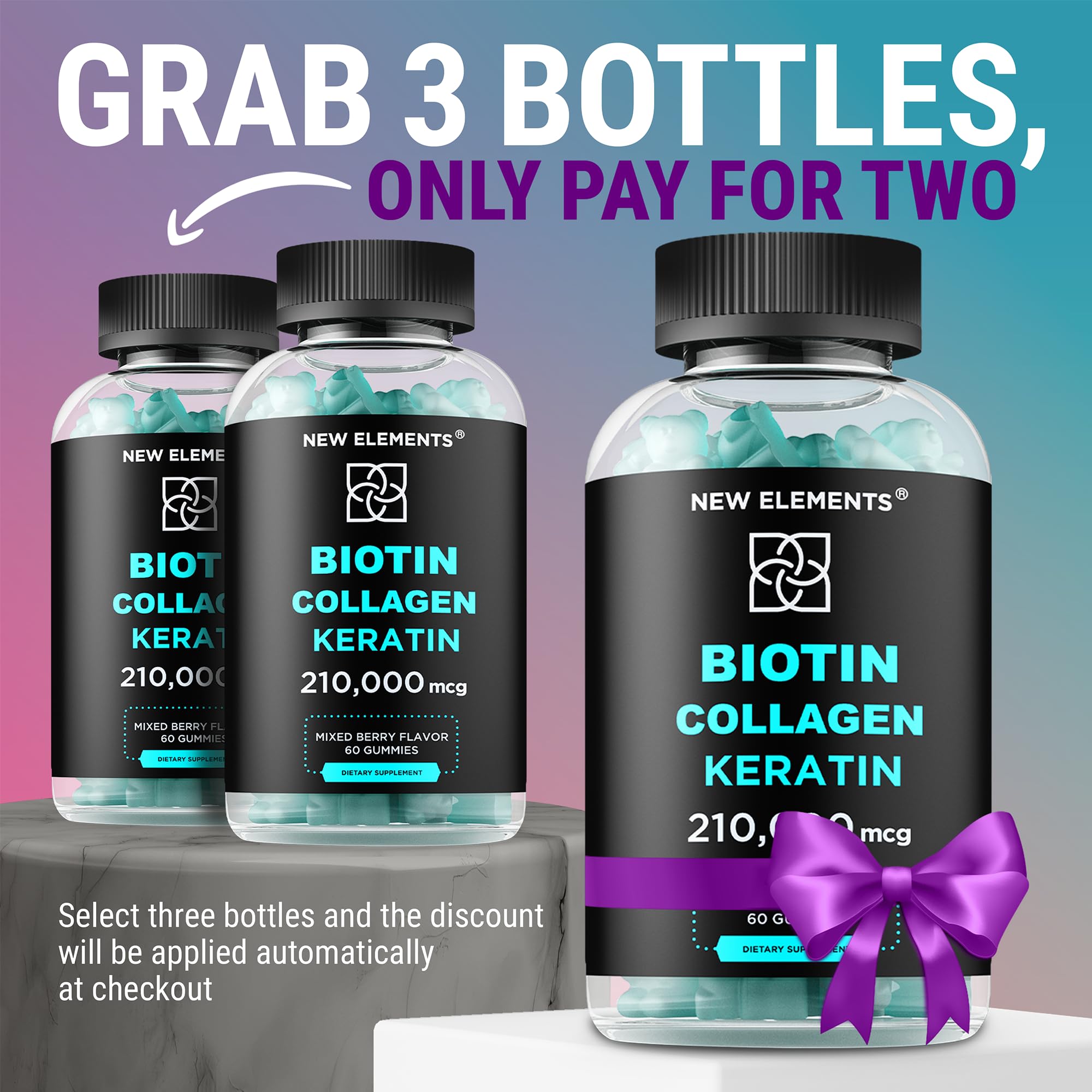 Ingredient panel showing Biotin, Keratin and Collagen amounts
