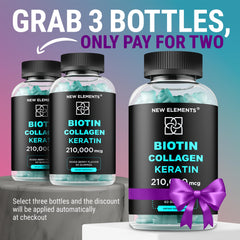 Ingredient panel showing Biotin, Keratin and Collagen amounts