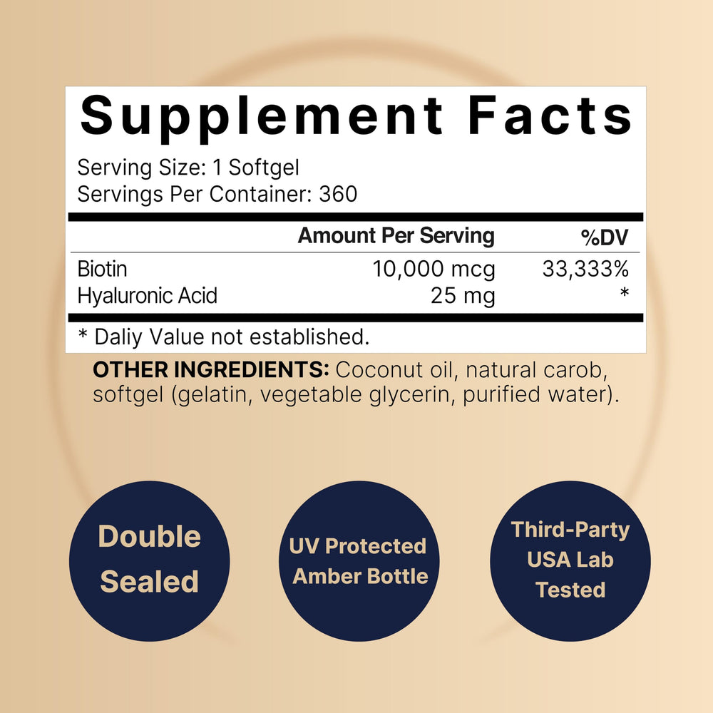 Close-up of NatureBell softgel capsules containing biotin and hyaluronic acid