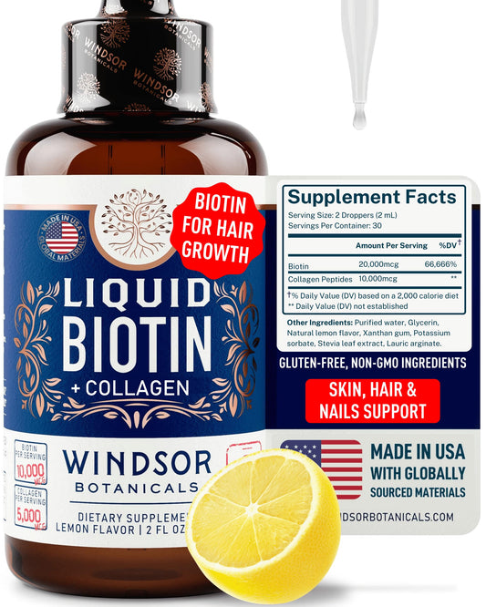 Bottle of lemon-flavored biotin and collagen liquid drops for hair growth, 2oz